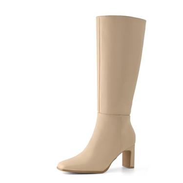 Imagem de Shoe'N Tale Botas femininas de cano alto, salto grosso, bico quadrado, com zíper lateral, Nude., 40