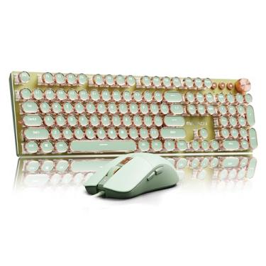 Imagem de EWEADN Combo de teclado e mouse de máquina de escrever com fio, teclado mecânico para jogos estilo máquina de escrever, 104 teclas retroiluminadas, botão de controle de mídia, teclado com fio