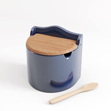 Imagem de WOLFF - Saleiro de Cerâmica com Tampa e Colher de Bambu Azul 10cm x 9,5cm x 9,5cm