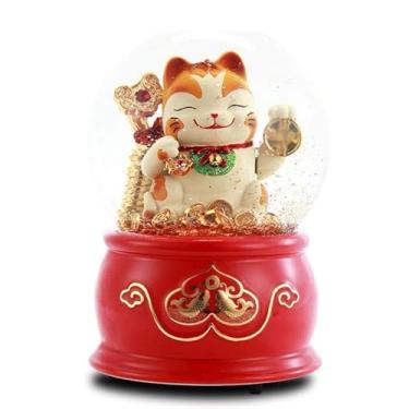 Imagem de Caixa musical de vidro - Caixa de música com bola de cristal de gato da sorte vermelha, decoração de bola de cristal, globo de neve para decoração de casa, presente de aniversário