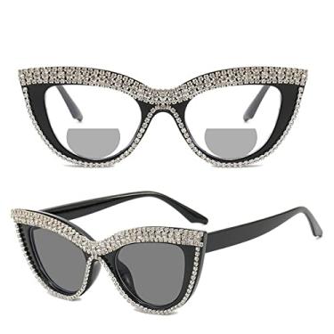 Imagem de willochra Óculos De Leitura Bifocais Estilo Olho Gato Fotocrômicos Para Mulheres, Sol Presbiopia Com Strass Brilhantes (Preto E Branco, 1,75, Multiplicador_X)