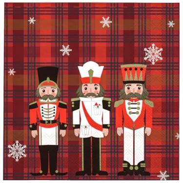 Imagem de LeZakaa 50 guardanapos de papel de Natal quebra-nozes, floco de neve xadrez vermelho com design de soldados de brinquedo, guardanapos de jantar de 3 camadas papel quadrado descartável para decoração
