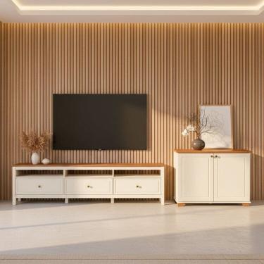 Imagem de Conjunto de Sala 2 Peças com 1 Rack 2,10 e 1 Armário 2 Portas Ananda Cabecasa Madeiramadeira Off White/Mel