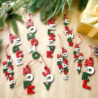 Imagem de Roowest 30 peças de placas de madeira de Natal com recorte de palavras, ornamentos de madeira para pendurar em vermelho e verde, alegria paz, acredite feliz natal, letra grande para festa de Natal