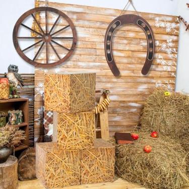 Imagem de 14 peças de decorações de festa caubói ocidental, 10 caixas de fardos de feno, 2 rodas de vagão de madeira rústica, 2 ferradura de madeira, colheita de outono, decoração de fazenda, acessórios de vila