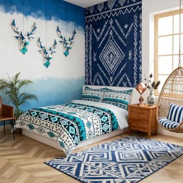 Imagem de Manfei Conjunto de capa de edredom geométrico asteca tamanho casal, conjunto de cama infantil étnico tribal do sudoeste, decoração de quarto de cabine rústica de lobo, capa de colcha retrô bege, 2