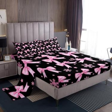 Imagem de Feelyou Jogo de lençol casal fofo com laço, floco de neve, para crianças, meninos, meninas, Feliz Natal, lençol com elástico alto, respirável, macio e leve de microfibra