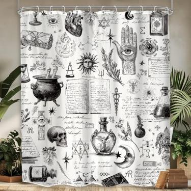 Imagem de Mitpok Cortina de chuveiro gótica 60Wx72H Goth Psychic Spooky Quiromancia Tarot Ouija leitura bruxa mão crânio único sol lua estrelas olho decoração banheiro cortina de banho mistério tecido poliéster