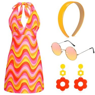 Imagem de SATINIOR 4 peças de fantasia hippie feminina dos anos 60 e 70, roupa de discoteca retrô, brincos descolados, faixa de cabeça, vestido de óculos de sol para festa de Halloween, Conforme mostrado., X