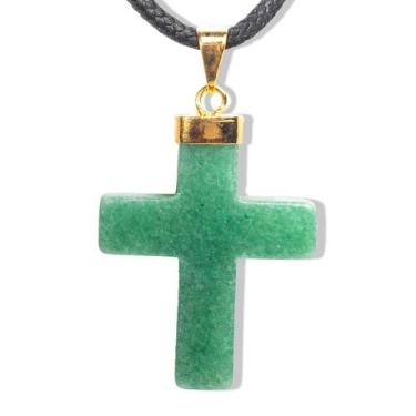 Imagem de Colar Crucifixo Quartzo Verde Natural Envolto Dourado - CristaisdeCurv