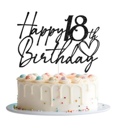 Imagem de Topo de bolo de feliz aniversário de 18 anos, decorações de bolo de 18 anos, Cheers to 18 anos, Hello 18, decorações de festa de dezoito anos, glitter preto