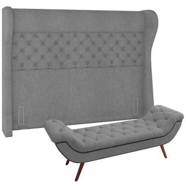 Imagem de Kit Cabeceira Cama Box Casal 160 cm Madrid com Puff Recamier Santorini P05 Bouclê Cinza - Lyam Decor