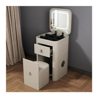 Imagem de Escrivaninha de penteadeira Vaidade de maquiagem para espaço pequeno aparência couro artificial mesa conjunto penteadeira com espelho iluminado ajustável fezes almofadadas(Branco)