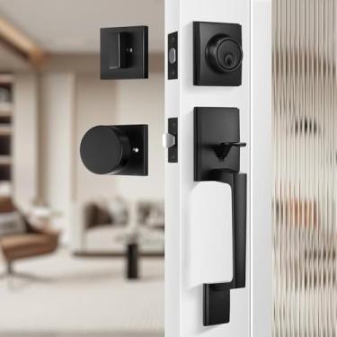 Imagem de Leydebong Maçaneta de porta de entrada preta e fechadura e chave de fechadura de cilindro único, conjunto de fechadura de porta frontal diferente com chave - conjunto de maçaneta quadrada resistente