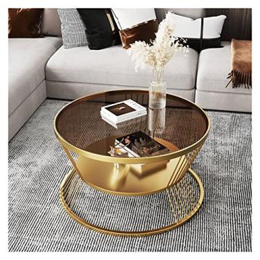 Imagem de Mesa de centro de design simples de 59,9 cm, mesa de centro redonda de 2 camadas com prateleira de armazenamento aberta para sala de estar, mesa de vidro tempared, moldura de metal, mesa central