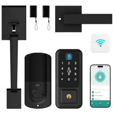 Imagem de Conjunto de fechadura de porta frontal WiFi, fechaduras inteligentes Hunnay para porta da frente, fechadura de impressão digital com teclado, controle de aplicativo, bloqueio automático Bluetooth