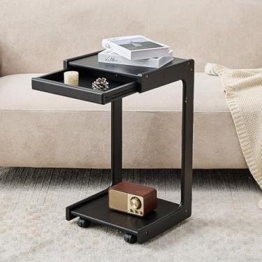 Imagem de Mesa lateral de madeira maciça em forma de C - mesa de canto dobrável para sofá com rodas, bandeja de TV pequena moderna sofá ao lado de mesas com gaveta mesa de cabeceira de madeira para sala de