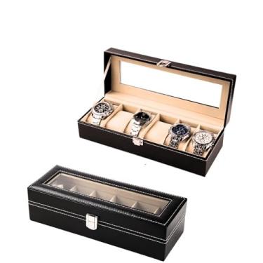 Imagem de Caixa Organizadora de Relógios com Design Moderno e Minimalista, 6 Compartimentos, Estojo em Couro Sintético com Fecho Metálico e Tampa Transparente, Para Colecionador ou Uso Diário