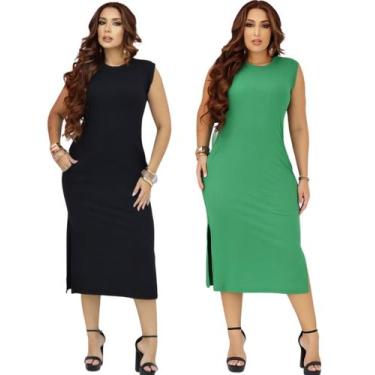 Imagem de Kit 2 Vestidos Femininos Reto Canelado com Bolsos Tecido Macio e Solti