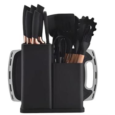 Imagem de Conjunto De Utensílios De Silicone Com Cabo De Madeira E Kit De Facas Com Tábua – 19 Peças(Preto)