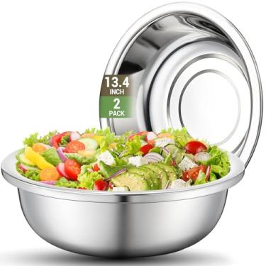 Imagem de Offiper Conjunto de tigelas grandes de aço inoxidável 304 (18/8), 2 unidades, 34 cm, 7,4 litros, tigela grande de metal para assar alimentos, resistente, com base plana para cozinha, cozinha, servir