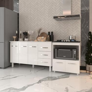 Imagem de Mobília Decor, Gabinete Armário Carine 138 cm com Tampo Tampão e Balcão Evelyn Para cooktop 4 Bocas Branco