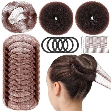 Imagem de Teenitor Rede de cabelo e máquina de coque de donut médio para crianças e mulheres, 10 peças de redes invisíveis de cabelo de 50 cm, 2 peças para fazer coques de cabelo com grampos em forma de U, 20