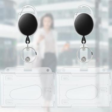 Imagem de Pacote com 2 porta-crachás com compartimento para polegar, 2 cartões, estojo de plástico transparente horizontal com carretel retrátil para crachá, mosquetão e protetor de cartão rígido para