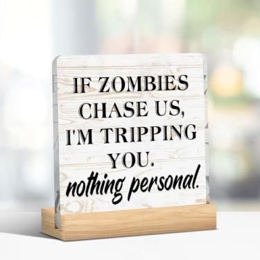 Imagem de Funny If Zombies Chase Us, I'm Tripping You Placa de Caixa de Madeira Bonito Sinal de Outono Decoração de Casa de Fazenda Caixa de Madeira Bloco Placa para Parede Mesa Decoração de Casa de Banho 12 x