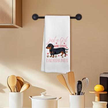 Imagem de Toalhas de cozinha Dachshund, presentes de cachorro Weiner, toalhas de prato para cozinha, Just a Girl Who Loves Dachshunds Toalha de chá de mão para banheiro, 40,6 x 61 cm