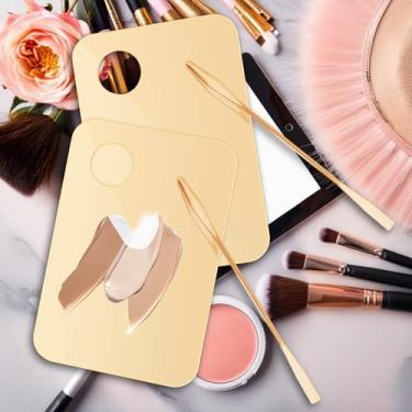 Imagem de Generic 2 peças de paleta de mistura de maquiagem acrílica com 2 peças de espátula de maquiagem, bandeja de mistura de base dourada, paleta de cosméticos, paleta de maquiagem para base, sombra, batons