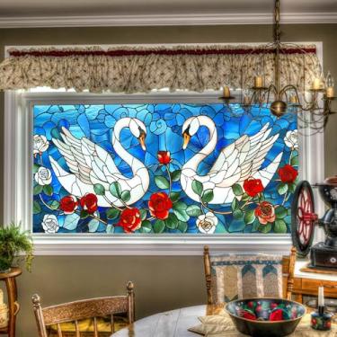 Imagem de HOMETITUTE Película para janela de vitral Swan Rose elegante pássaros floral decorativo adesivo de janela de privacidade adesivos para casa sala de estar quarto escritório 100 × 48 centímetros