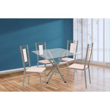 Imagem de Conjunto: Mesa Sala Jantar Volga C- Tampo De Vidro 90cm E 4 Cadeiras Florença Niquel - Courano Bege - Kappesberg