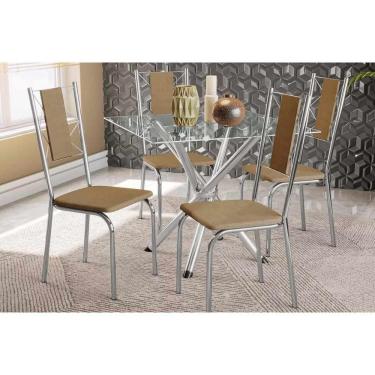 Imagem de Conjunto: Mesa Sala Jantar Volga C- Tampo De Vidro 90cm E 4 Cadeiras Lisboa Cromada - Capuccino - Kappesberg