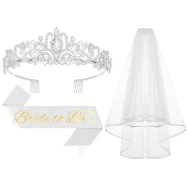 Imagem de Papoopy 3 peças de coroa de noiva para ser com faixa e véu para decorações de despedida de solteira, acessórios de chá de panela para presente, lembrancinhas - prata