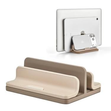 Imagem de Suporte vertical duplo para laptop, suporte vertical 3 em 1 com base ajustável (até 43 cm), organizador de mesa de armazenamento de laptop de couro para celular, tablet, MacBook/HP/Dell/Chrome Book