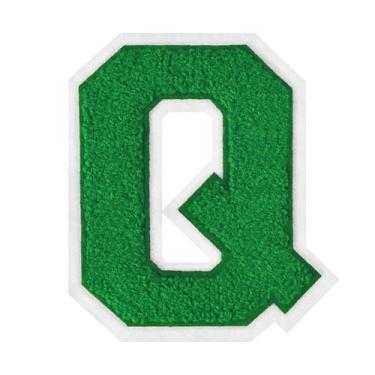 Imagem de 1 peça de patch de letra de chenille verde de 11,4 cm com borda branca – adesivos do alfabeto para roupas, jaquetas, mochilas, chapéus para decoração personalizada, nome personalizado e artesanato. (Q
