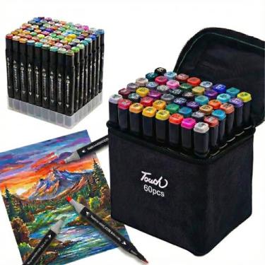 Imagem de Kit Canetinhas para Colorir 60 Cores Inclui Base Organizadora – Canetas Dupla Ponta Profissionais | Canetinha Marcador Lápis de Cor para Pintura, Desenho, Escola e Artesanato