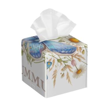 Imagem de Suporte quadrado de couro para caixa de lenços de papel à prova d'água borboleta azul flor facial organizador de papel com cinto inferior estojo de lenços para mesa, banheiro, escritório, mesa, carro