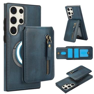 Imagem de Carteira destacável compatível com carregamento sem fio Magsafe para Samsung Galaxy S23 Ultra capa com suporte para cartão, bolso com zíper, suporte 2 em 1 capa à prova de choque (azul)
