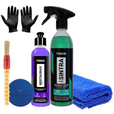 Imagem de Vonixx Kit Limpeza Automotiva Sintra Fast Bactericida 500ml, Restaurax Plásticos 240ml com Pincel, Aplicador, Aplicador Waxtreme, Pano Microfibra 38x38cm e Luvas
