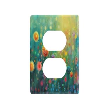 Imagem de Blueangle Placa de parede com pintura de flores coloridas, tomadas duplas, tamanho padrão, placas de cobertura de tomada elétrica de 1 gangue para decoração de quarto de escritório em casa, 4,53 x