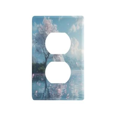 Imagem de Blueangle Placa de parede de tomada dupla de cerejeira branca, tamanho padrão, placas de cobertura de tomada elétrica de 1 gangue para decoração de quarto de escritório em casa, 4,53 x 2,76 polegadas