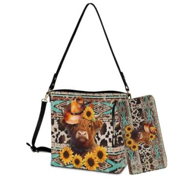 Imagem de Sannovo Conjunto de bolsa transversal para mulheres, bolsa de couro e carteira grande com carteira, Vaca Highland marrom asteca, 11*4.5*11.4 inches