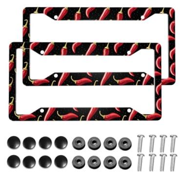 Imagem de Muishi 【2 peças】 Red Hot Chili Pepper Dots Moldura de placa de licença de alumínio Suporte de placa de licença engraçada decorativa com parafusos Tamanho 31,2 cm X 16 cm Homens Mulheres