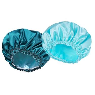 Imagem de 2 toucas de banho azuis para mulheres, toucas de banho elásticas e reutilizáveis, touca de banho de camada dupla à prova d'água, toucas de banho, touca de banho de cabelo de proteção ambiental cor