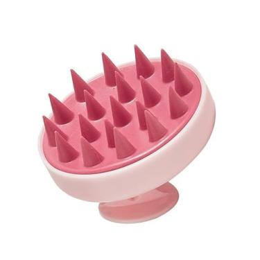 Imagem de Escova de massagem de couro cabeludo de silicone rosa, escova de limpeza de xampu para esfoliação e relaxamento do couro cabeludo, esfregão de cerdas macias para uso no chuveiro