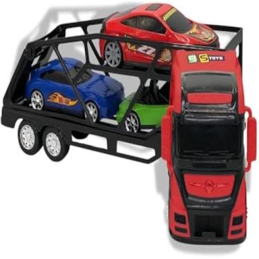 Imagem de Caminhao de transporte de carros vermelho, transporta carrinhos, brinquedos, criancas, grande, divertido.