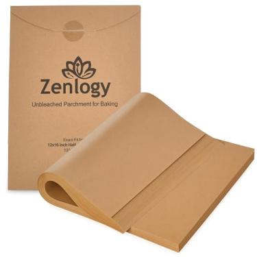 Imagem de Lençóis de papel de pergaminho Zenlogy 30,48 x 40,64 cm sem alvejante para assar em alto calor – Ajuste exato para suas panelas de meia folha com conveniente caixa de armazenamento, Marrom, 100