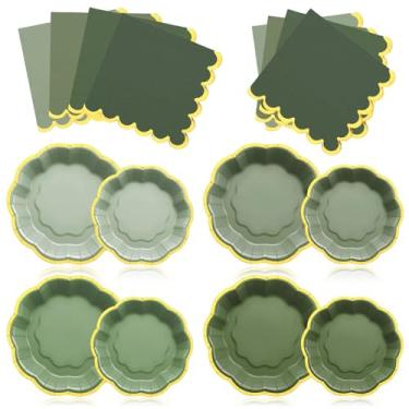 Imagem de Vesici 60 pratos GreenParty com guardanapos, pratos de papel de 23 cm e guardanapos descartáveis com borda dourada para chá de aniversário, chá de bebê, artigos de festa de casamento